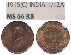 George V, Copper 1/12 Anna, 1915, Calcutta Mint, (Prid 827). Graded by NGC MS66RB.