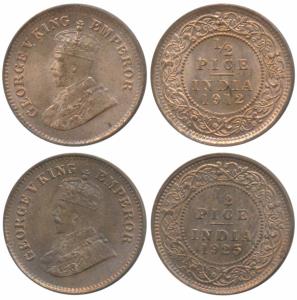 George V, Copper ½ Pice, 1912 & 1925, Calcutta Mint (Prid 745 & 758). About Uncirculated &