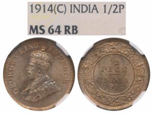 George V, Copper ½ Pice, 1914, Calcutta Mint, (Prid 747). Graded by NGC MS64RB.