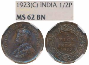 George V, Bronze ½ Pice, 1923, Calcutta Mint, (Prid 756). Graded by NGC MS62BN.