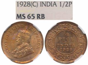 George V, Copper ½ Pice, 1928, Calcutta Mint, (Prid 761). Graded by NGC MS65RB.