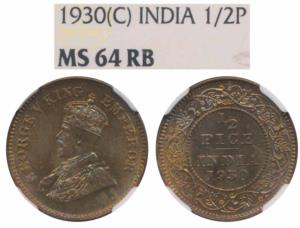 George V, Copper ½ Pice, 1930, Calcutta Mint, (Prid 763). Graded by NGC MS64RB.