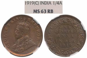 George V, Copper ¼ Anna, 1919, Calcutta Mint, (Prid 664). Graded by NGC MS63RB.