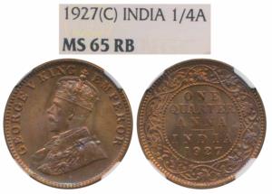 George V, Bronze ¼ Anna, 1927, Calcutta Mint, (Prid 668) Graded by NGC MS65RB.