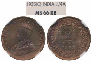 George V, Copper ¼ Anna, 1935, Calcutta Mint, (Prid 675). Graded by NGC MS66RB.