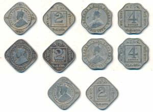 George V, Cupro Nickel, 2 Annas, 1919, 1920, 1923; 4 Annas, 1919, 1920. Fine. (5)