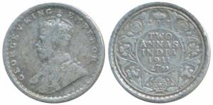George V, Silver 2 Annas, 1911, Calcutta Mint, (KM 564). Fine+, Rare.
