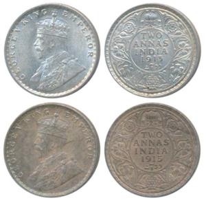 George V, Silver 2 Annas, 1913, Calcutta Mint; 1915, Bombay Mint, (Prid 566 & 574). About 