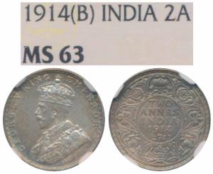 George V, Silver 2 Annas, 1914, Bombay Mint, (Prid 573). Graded by NGC MS63.