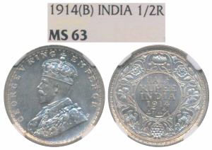 George V, Silver ½ Rupee, 1914, Bombay Mint, (Prid 338). Graded by NGC MS63.