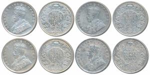 George V, Silver ½ Rupee, 1917 Bombay Mint; 1921 Calcutta Mint. Fine to Very Fine+. (4)