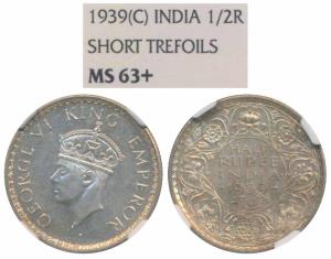 George VI, Silver ½ Rupee, 1939, Calcutta Mint, Head type II, A / I (Prid 364). Graded by 