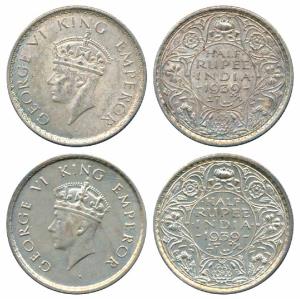 George VI, Silver ½ Rupee (2), 1939, Calcutta Mint, Head type I (Prid 363); 1939, Calcutta