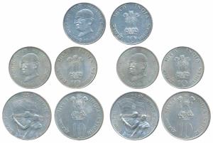 Silver Rupees 10 (4), 1969, Gandhiji Birth Centennial (2); 1972, 25th Anniversary Indian I