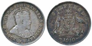 Australia, Edward VII, Silver 6 Pence, 1910 (KM 19). About Very Fine.