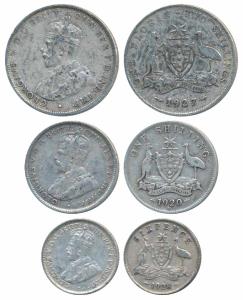 Australia, George V, Silver Florin / 2 Shillings, 1927; Silver Shilling 1920; Silver 6 Pen