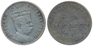 Eritrea, Italian colony, Umberto I, Silver 50 Centesimi, 2.5g, 1890 Milan Mint (KM 1). Abo