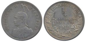 German East Africa, Wilhelm II, Silver ¼ Rupie / Rupee, 2.91g, 1912J (KM 8). Very Fine+.