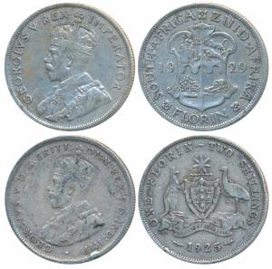 South Africa, George V, Silver Florin, 1929 (KM 18); Australia, George V, Silver Florin / 