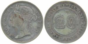 Straits Settlements, Queen Victoria, Silver 20 Cents, 1899 (KM 12). Very Fine, Scarce.