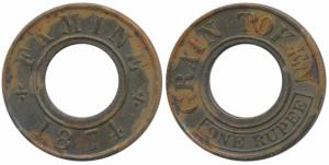 Famine Relief Grain Token, Brass 1 Rupee, 5.2g, obv. Grain Token / One Rupee, rev. Famine 