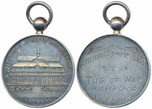South Indian Athletic Association, Madras, Silver Medal, obv. façade of a large building, 