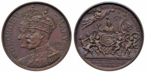 George V Coronation, Copper, 1911, obv. conjoined busts of George V in military uniform an