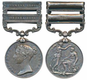 Indian General Service, Silver Medal, 1854-1895, Queen Victoria, 2 bars, Samana 1891 bar &