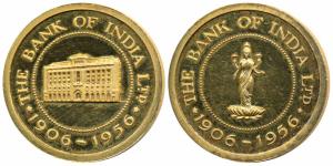 The Bank of India, Golden Jubilee, 1906-1956, Gold Gilt Silver, 26.23g, obv.Laxmi standing