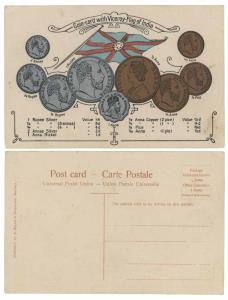 Postcard with impression of British India (Victoria and Edward Rupee and Annas series). Pr