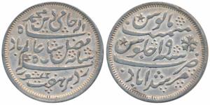 Murshidabad Mint, Silver ½ Rupee, in the name of Shah Alam II, RY 19, tiny crescent on rev