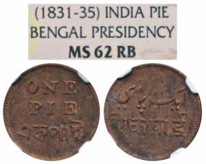 Calcutta Mint, Copper Pie, obv. value in English and Bengali, rev. Value in Persian and Na