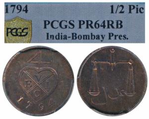 Copper Proof ½ Pice / 2 Reas, 1794, obv. bale mark, rev. scales (Prid 139, KM 192). Graded