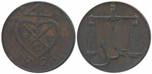 Copper 1 Pice / 4 Reas, 1791, obv. bale mark, rev. scales (Prid 129, KM 193). Very Fine+, 