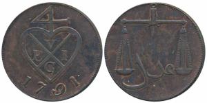 Copper 1 ½ Pice / 6 Reas, 1791, obv. bale mark, rev. scales (Prid 125, KM 195). Extremely 