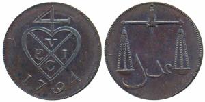 Copper Proof 1 ½ Pice / 6 Reas, 1794, obv. bale mark, rev. scales (Prid 125, KM 195). Proo