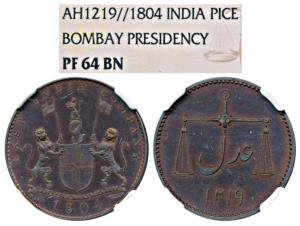 Copper Proof Pice, 1804, obv. coat of arms of the EIC and date below, rev. scales with dat