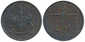 Copper ¼ Anna, 1830, obv. coat of arms of the EIC and date below, rev. scales with date AH
