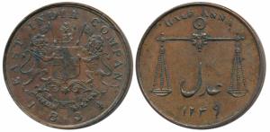 Copper ½ Anna, 12.71g, 1834, obv. coat of arms of the EIC and date below, rev. scales and 