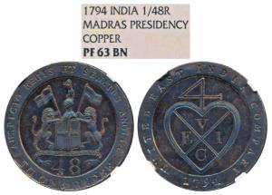 Copper Dub or 1/48 Rupee, 1794, obv. coat of arms of the EIC, rev. bale mark, English Unit
