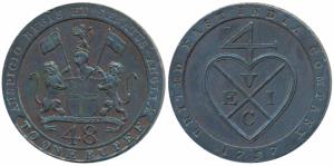 Copper Dub or 1/48 Rupee, 1797, obv. coat of arms of the EIC, rev. bale mark, English Unit