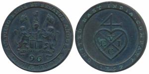 Copper ½ Dub or 1/96 Rupee, 1797, obv. coat of arms of the EIC, rev. bale mark, English Un