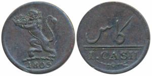 Copper Cash, 1803, obv. lion holding a crown to left, rev. value in English and Persian (P