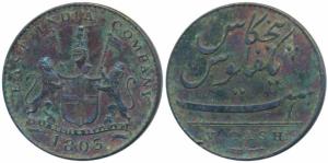 Copper 5 Cash, obv. coat of arms of the EIC and date 1803., rev. value in English. (Prid 2