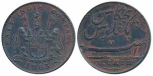Copper 5 Cash, obv. coat of arms of the EIC and date 1803., rev. value in English. (Prid 2