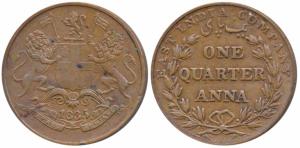 Copper ¼ Anna, 1835, Bombay Mint, 30 Berries (15 L+15 R), large loops to the ribbon bow, s