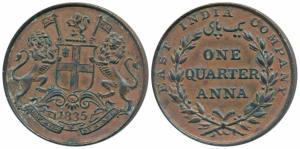 Copper ¼ Anna, 1835, Madras Mint, 18 Berries (9 L+9 R), slanting top of numeral ‘1’ in dat