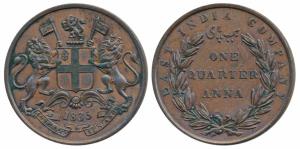 Copper ¼ Anna, 1835, Madras Mint, 24 Berries (13 L+11 R), Y of COMPANY below a berry, shor