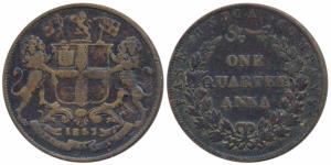 Copper ¼ Anna, 6.13g, 1857, Birmingham Mint, Wreath tips-single leaf, R. Heaton and Sons, 