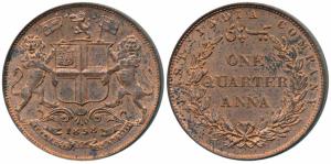 Copper ¼ Anna, 1858, Birmingham Mint, Wreath tips-single leaves, J. Watt and Co, (Prid 156